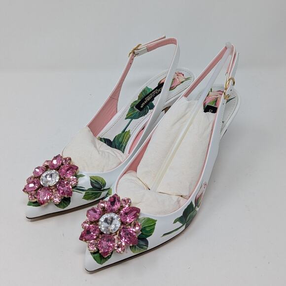 Dolce & Gabbana Jeweled Bellucci Floral Print Slingback Heels White and Pink 35 - Picture 15 of 16